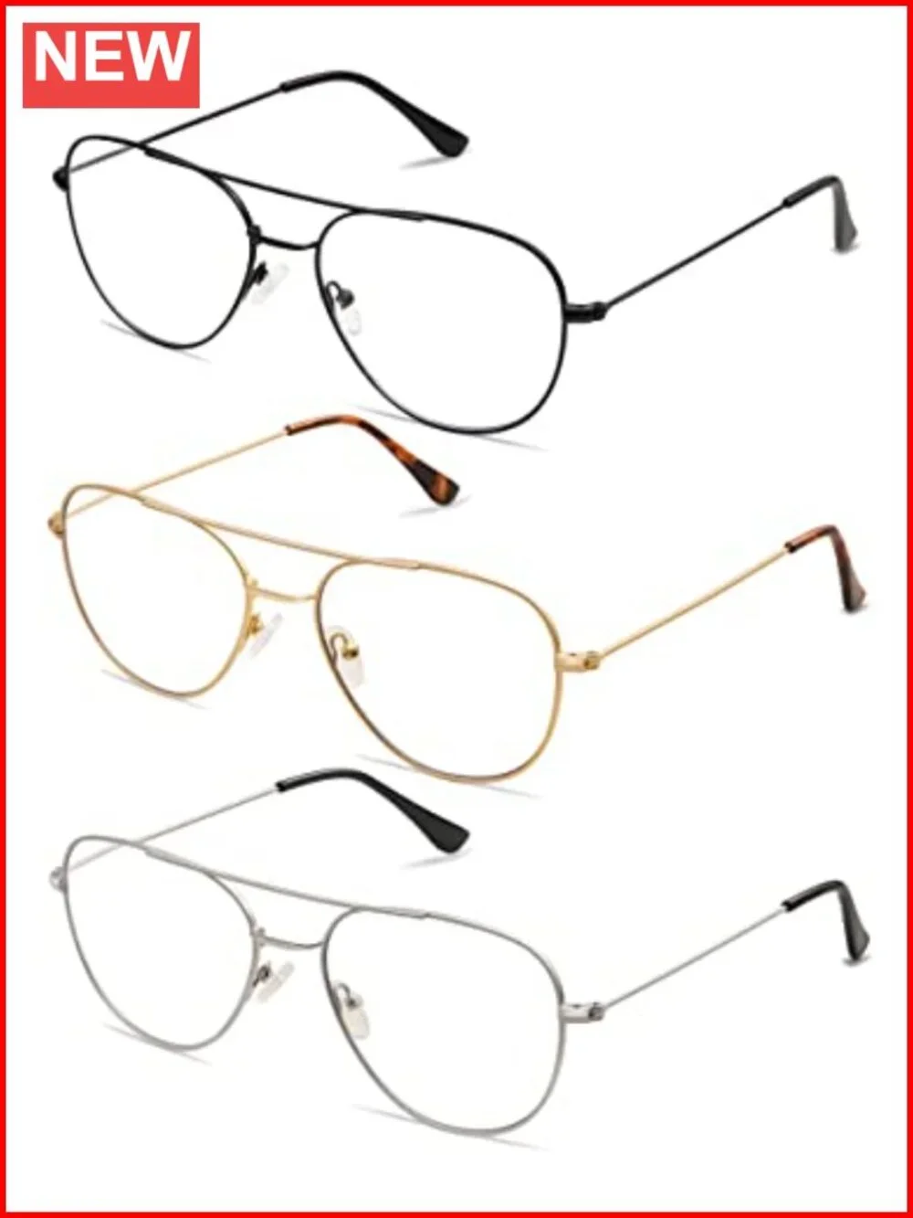 3-Pack Retro Aviator Reading Glasses Blue Light Blocking Computer Readers Metal